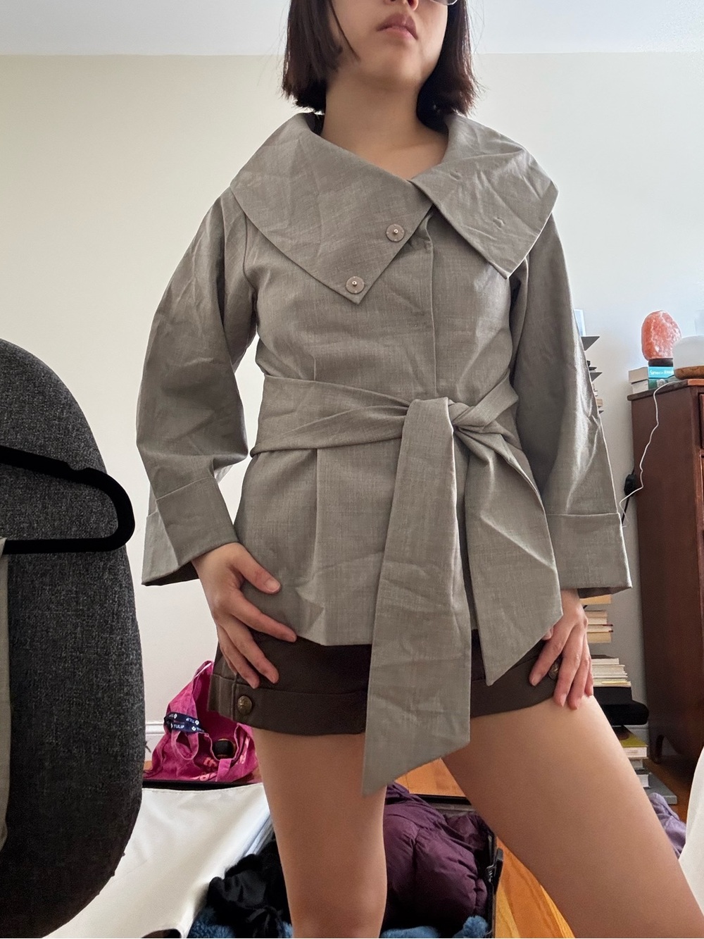 Vintage Theory Gray Belted Trench Suit Set